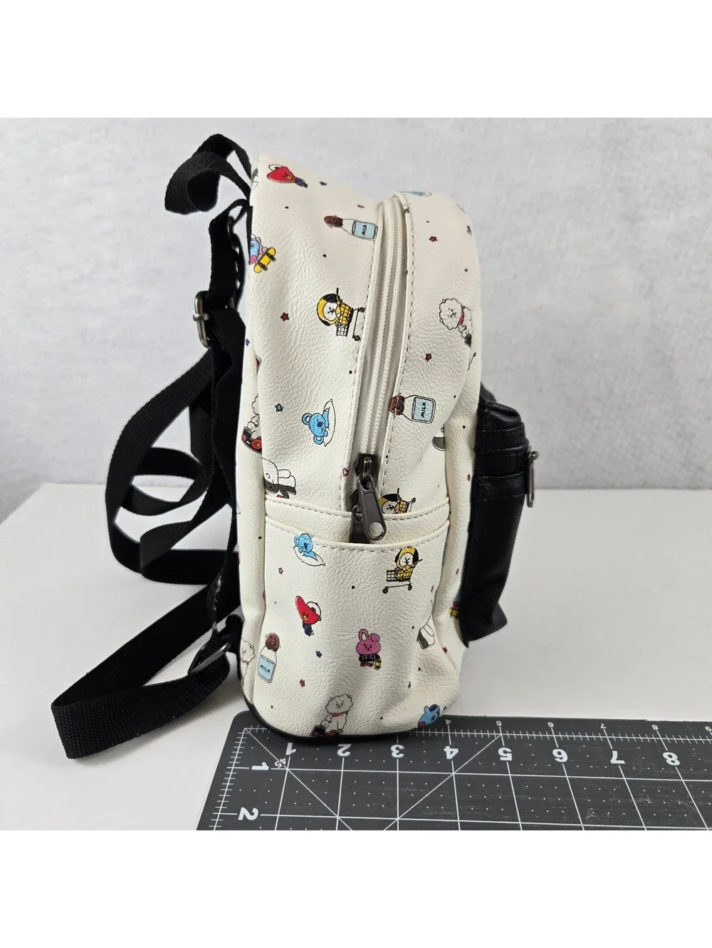 BT21 Mini Backpack White with Character Print and Black Front Pocket